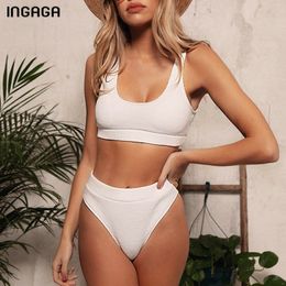 INGAGA High Waist Bikini Mujer Sexy Push Up Swimwear Women Solid Vest Swimsuit Female 2020 New Biquini Sports High Leg Swim Suit T200708