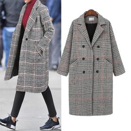 Autumn Winter Long Coat Women Casual Plus Size Plaid Double breasted Wool Blazers Jacket Female Elegant Overisze Outwear 201222