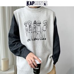 KAPMENTS Men Cartoon Harajuku Sweater Vest Winter Mens Japanese Streetwear Knitted Sweaters Male Loose Vintage Knitted Vest 201124