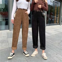 Zoki High Waist Corduroy Pants Fashion Belt Autumn Wide Leg Full Spring Korean Pure Cotton Black Streetwear Ladies Trouser 211216