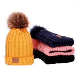 Beanie/Skull Caps Unisex Beanie Hat Ribbed Knitted Cuffed Winter Baby Boys Girls Solid Color Knit Hairball Warm Cap1