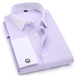 Men French Cufflinks Shirts White Collar Design Solid Colour Jacquard Fabric Male Gentleman Dress Long Sleeves Shirt 201123