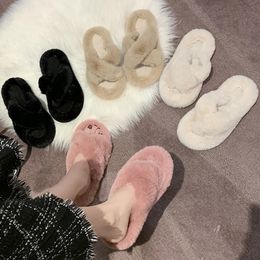 Female Shoes Ladies' Slippers Flock Luxury Slides Low Fur Flip Flops Shallow 2020 Designer Plush Flat Soft with fur Basic Y1202