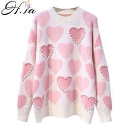 H.SA Women Knitted Sweater and Pullovers Oneck Pearls Beading Sweaters Sweet Heart Pull Jumpers Long Sleeve Kawaii Pull Femme LJ200815