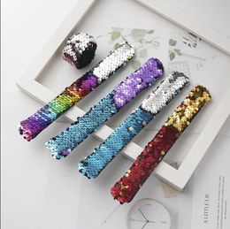 Slap Bracelets Mermaid Sequins Wristband Reversible Sequins Cuff Girls Sequined Hairband Glitter Ponytail Holder Kids Gift 15 Designs DW6234