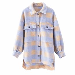 Stylish Sweet Plaid Woollen Shirt Jackets Women Fashion Pockets Turn-down Collar Cheque Jacket Cute Girls Chic Coat Streetwear 201103