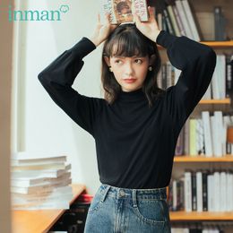 INMAN Autumn Winter New Arrival Retro French Style High Collar Bubble Long Sleeve Women T-Shirt 201125