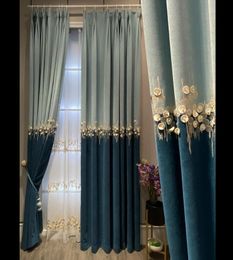 Sheer Curtains New light luxury thickened shading cashmere chenille embroidered beads living room bedroom blue curtain yarn