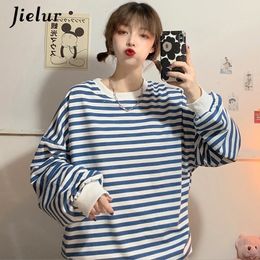 Jielur Spell Color Striped Women Hoodies Pullover Loose Black Blue Female Sweatshirt Casual O-neck New Korean Hoodie M-XXL 201028