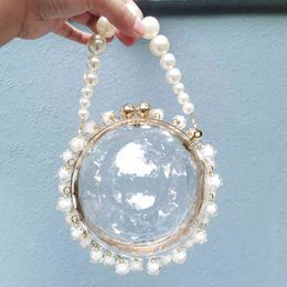 Evening Bags Pearls Beaded Clear Circular Evening Bag Women Summer Luxury Diamonds Clutch Purse Female Chic Small Round Handbag Party 220315