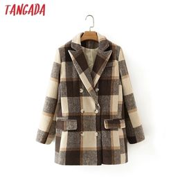 Tangada Women Winter Warm Plaid Woollen Blazer Coat Vintage Double Breasted Long Sleeve Office Lady Outerwear Chic Tops DA40 201218