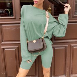 Womens Casual Two Pieces Sets With Sashes Spring Loose Long Sleeve t shirt And Shorts Ladies Sports Suit Summer Fashion Outfit T200701
