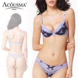 ACOUSMA Women Sexy Bra and Panty Set Floral Lace Bowknot 3/4 Cup Push Up Female Lingerie With Seamless T Back Thongs 8 Colours LJ201031