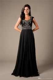 Black Chiffon Long Modest Prom Dresses Cap Sleeves Beaded Sparkly Elegant Formal Evening Gowns Women Sepcial Occasion Dresses Cheap