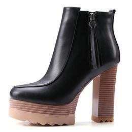 Hot Sale 2020 Women New Fashion Ankle Boots Square High Heel Round Toe Zipper Design Platform Women Motorcycle Boots Size 34-42