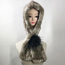 2020 Mulheres Inverno Real Malha Rex Pele Capuz Cachecol Quente Rex Fur Cabeça Cachecol Capuz Capuz Lenços com Raccoon Ball