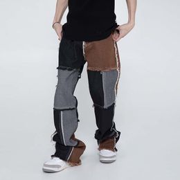 Men's Jeans Patchwork Straight Leg Jean Pant Mid Rise Hip Hop Denim Pants High street Trousers