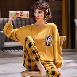 MELIFLE Autumn Fashion Yellow Pyjamas Set for Women Winter Warm Satin Soft Womans Sleepwear 100% Cotton Kawaii Silk Nightwear 201217