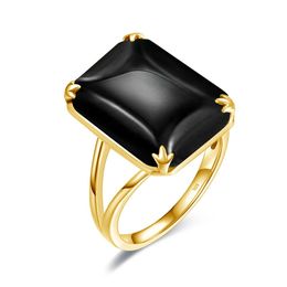 Luxury Black Onyx Rings For Women Real 925 Sterling Silver Gemstones Design 13*18mm Rectangle Stone Gold Plated Vintage Jewelery