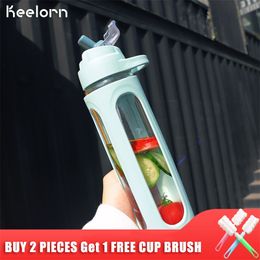 Keelorn 600ml LeakProof Handle Travel Fashion Portable Drinking Large Capacity Water Bottle Glass Sports With Straw 201106