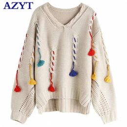 AZYT Europe Loose Tassel Pullover Sweater Autumn Winter Women's sweaters Deep V Neck Sweater Jumpers Women 201222
