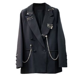 [EWQ] Autumn Winter New Sweet Women Oversize Jacket Long Sleeve Loose Ladies Office Coat Suits Outwear Chain Decoration 201201