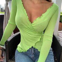 XIBANI Thin cross V-neck low cut top women's long sleeve sexy slim T-shirt with wood ear edge autumn solid Leisure fund 201028