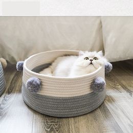 Nordic Pet Cat Bed Kennel Knitted Cotton Anti-scratch Breathable Sleeping House Portable Washable Summer Round Puppy Basket Mat 201123