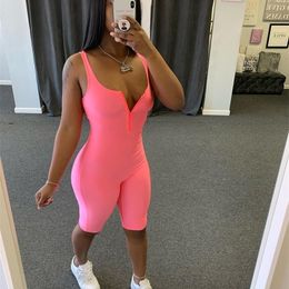 Summer Sleeveless Women Playsuit Sexy Bodycon Zipper Jumpsuit Short Pants Sportwear Fitness Club Outfit Skinny Bodysuit T200704