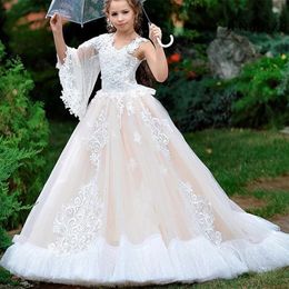 NEWEST Shiny Criss Cross Backless Pageant Birthday Gowns with Beaded Rhinestone Short Sleeves Flower Girls' Dresses for Weddings