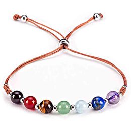 Natural Gemstone Chakra Bracelet Stainls Steel Beads Adjustable Cord Simple Bracelet Women