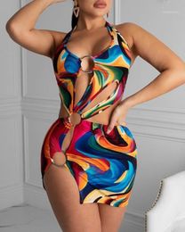 2020 Summer Sexy Hallow Out Halter Short Dress Women Colourful Print Slit Cut Out Mini Bodycon Beach Dress1