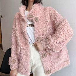 Faux Sheep Female Shearing Keep Warm With Thick Compound Fur Lambs Wool Collar Pink Shearling Coat 201215