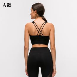 Solid Color Cross Back Tanks Sports Bra Both Shoulders Shockproof Gym Clothes Women Underwears Gather Padded Tops Running Fitness Camis