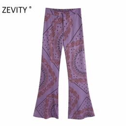 ZEVITY Women vintage cashew nuts print flare pants female leisure zipper fly paisley retro Trousers chic back pockets pants P920 201113