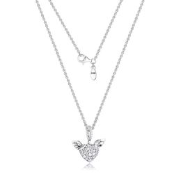 Clear CZ Heart & Angel Wings Pendant Necklaces for Women 925 Sterling Silver Collier Jewellery Female Choker Necklace Jewellery Fine Q0531