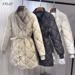 FTLZZ New Ultra Light White Duck Down Parkas Women Winter Jacket Turtleneck Collar With Belt Slim Jacket Female Long Snow Coats 201103