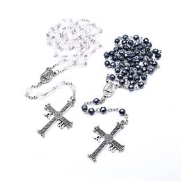 -Long preto branco cristal rosário cruzar jóias de oração religiosa para homens mulheres