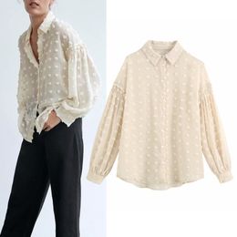 Summer Za White Polka Dot Blouse Women Label Collar front Buttons Retro Shirts Woman Long Sleeve with Ruffle Trim Tops 201130