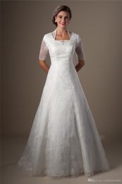 -Simples vintage marfim laço vestidos de casamento modestos com meia mangas a linha igreja década de 1950 ceremoney vestidos de nupcial vestidos feitos sob encomenda