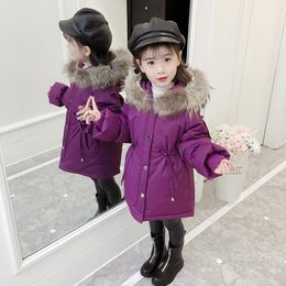INS HOT Winter Girls' Cotton Jacket 4-13 years old kids Thicke Children's parka Bowknot Wool Collar kids winter jacket 3 Colours LJ201125