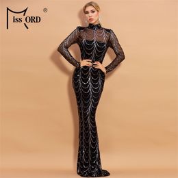 Missord Autumn Winter High Neck Wave Sequins See Though Women Maxi Dresses Elegant Long Sleeve Female Party Dresses M0032 201028