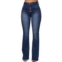 Newly Washed High Waist Button Boot-cut Jeans Women Casual Long Pants Trousers DO99 201106