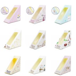 Disposable Sandwich Packaging Box Cartoon Printed Triangle Shape Sandwich Breakfast Paper Packaging Box with PET Window HHA3434