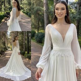 2021 New Wedding Dresses Beach A-line Wedding Dress Maternity Pregnant Bridal Gowns Long Sleeve Backless Ivory Lace Chiffon Boho