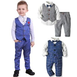 3-Piece Formal athletic sets for Baby Boys: White Shirt with Bow Tie, Striped Vest, and Trousers - Perfect for Spring and Autumn