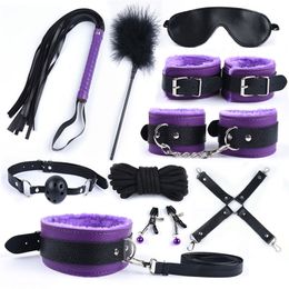10 Pcs/ Set Erotic Toys For Adults Handcuffs Nipple Clamps Whip Gag of Bdsm, Sex mask , Rope ,Collar Bdsm Bondage Y201118