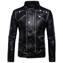 Herren Pelz Faux Herren Lederjacke mit vielen Reißverschlüssen Mantel Biker Motorrad Schwarz Asiatische Größe M-5XL