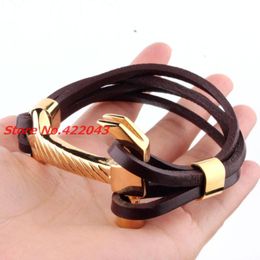 Link, Chain 8.6" Design Gold Colour Hammer Bracelet Bangles Jewellery Multilayer Brown Leather For Women Mens