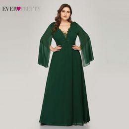 Plus Size Green Evening Dresses Ever Pretty EZ07948 A-Line V-Neck Appliques Elegant Women Formal Dresses For Party Abendkleider 201113